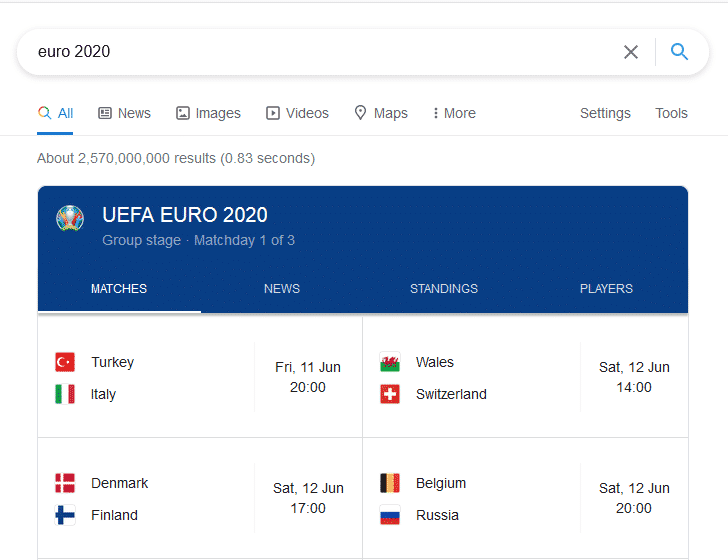 Euro 2020 fixtures and time on Google