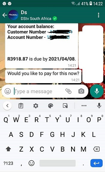 Making DStv payments on WhatsApp